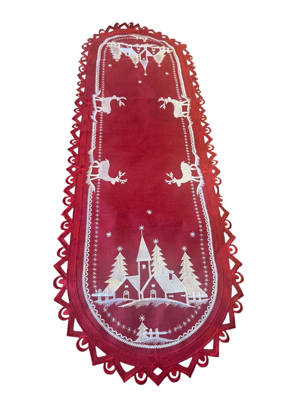 Red Embroidered Christmas Reindeer Church Table Runner